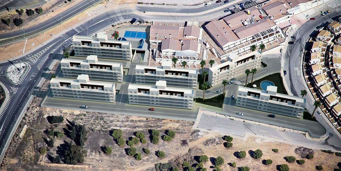 Render 3d de una urbanización residencial realizado con infografía 3D. Arquitectura 3D.