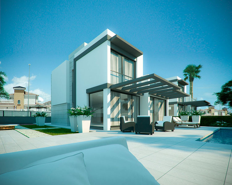 Render 3d de una vivienda unifamiliar realizado con infografía 3D. Arquitectura 3D.