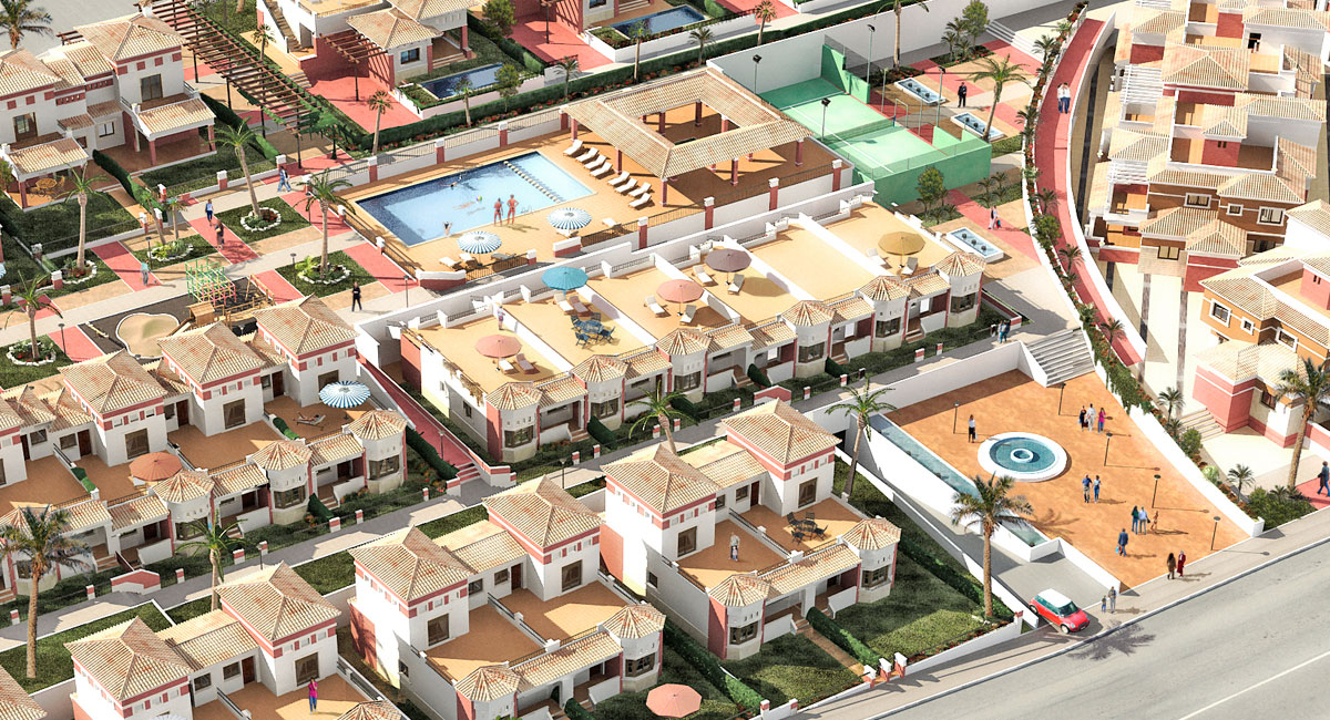 Ejemplo de infografía 3D para la representación de un Plan de Ordenación Urbana. Urbanismo.