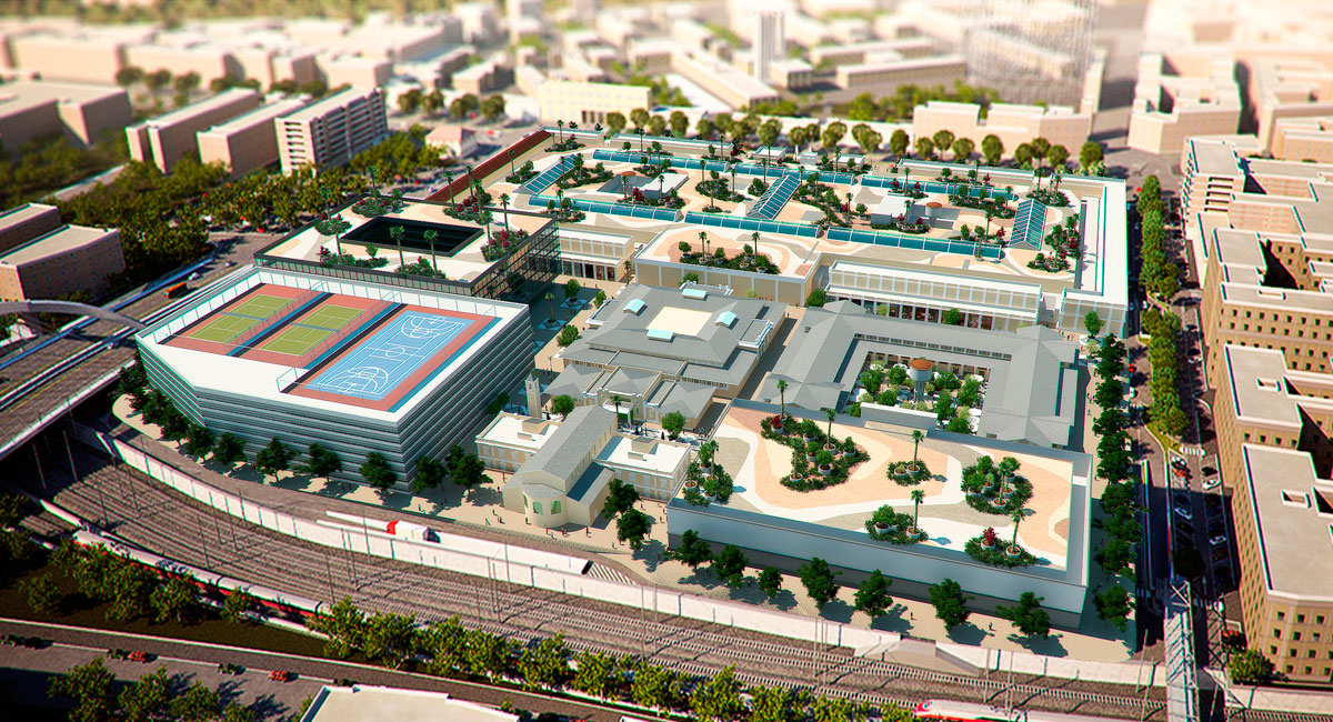Ejemplo de infografía 3D aérea de un conjunto comercial. Urbanismo.