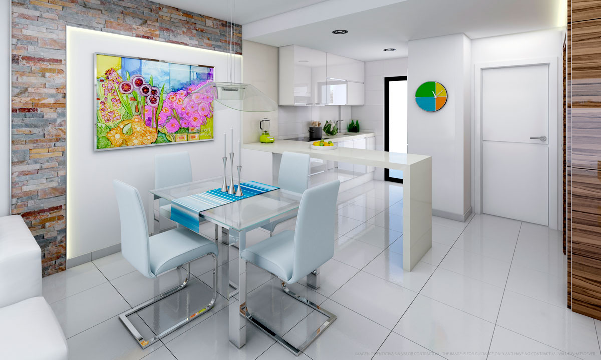 Render interior de un comedor y cocina realizado con infografía 3D para la visualización de una vivienda