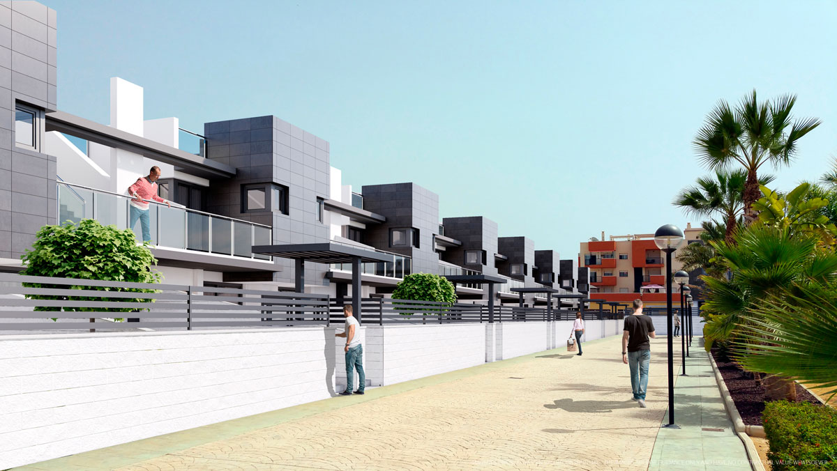 Render de arquitectura exterior realizado con infografía 3D para la visualización de una urbanización residencial