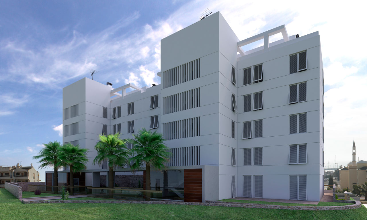 Imagen realizada con infografía 3D para la visualización de la fachada un edificio turísitico residencial