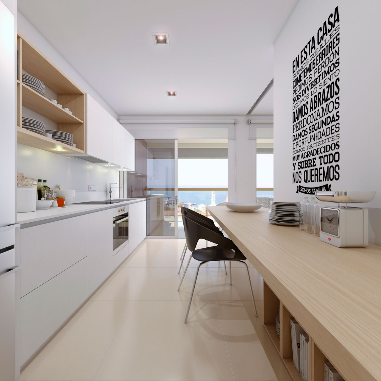 Imagen realizada con infografía 3D para la visualización de la cocina de un edificio turísitico residencial