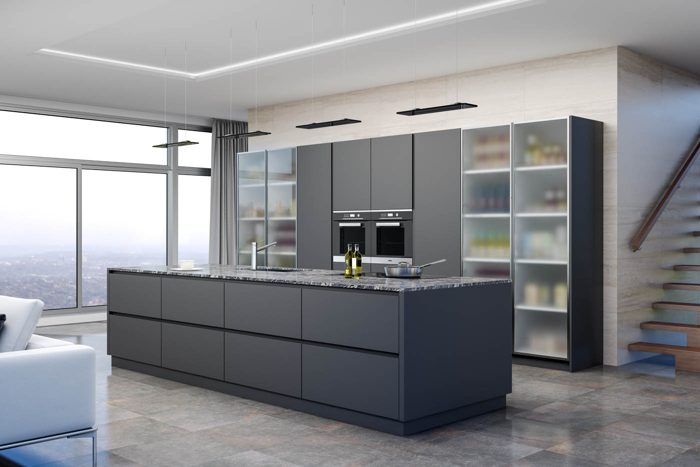 Imagen realizada con infografía 3D para la representación de una cocina de diseño y alta calidad
