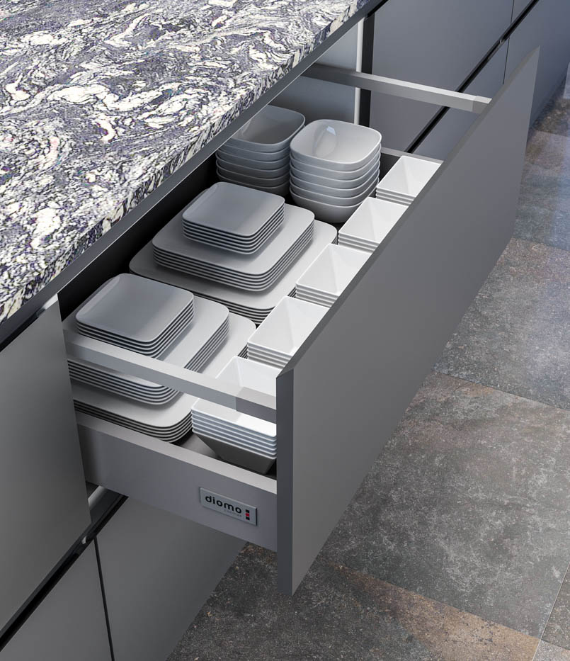 Imagen realizada con infografía 3D del detalle de una accesorio para muebles de cocina
