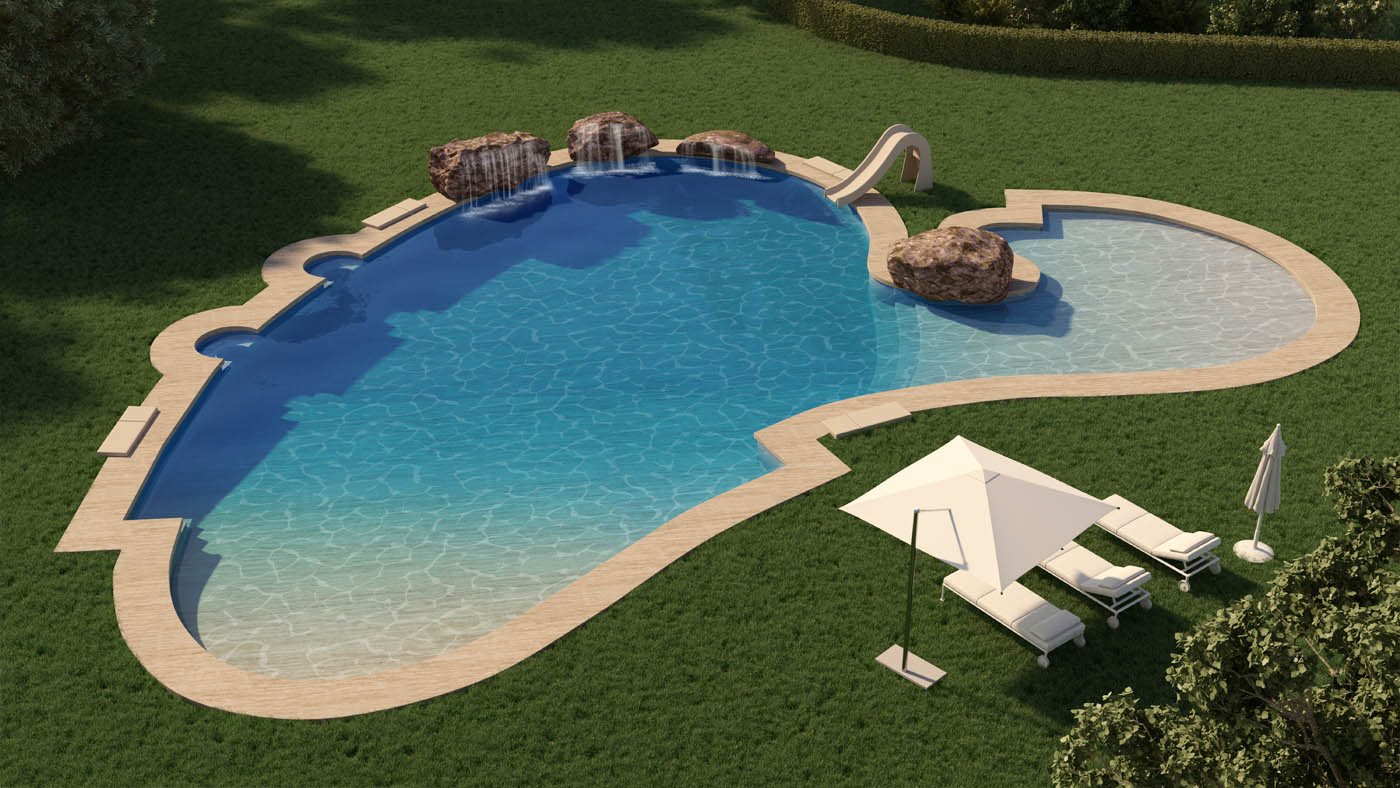 Render 3D de una piscina para la empresa Piscinas Desjoyaux ©