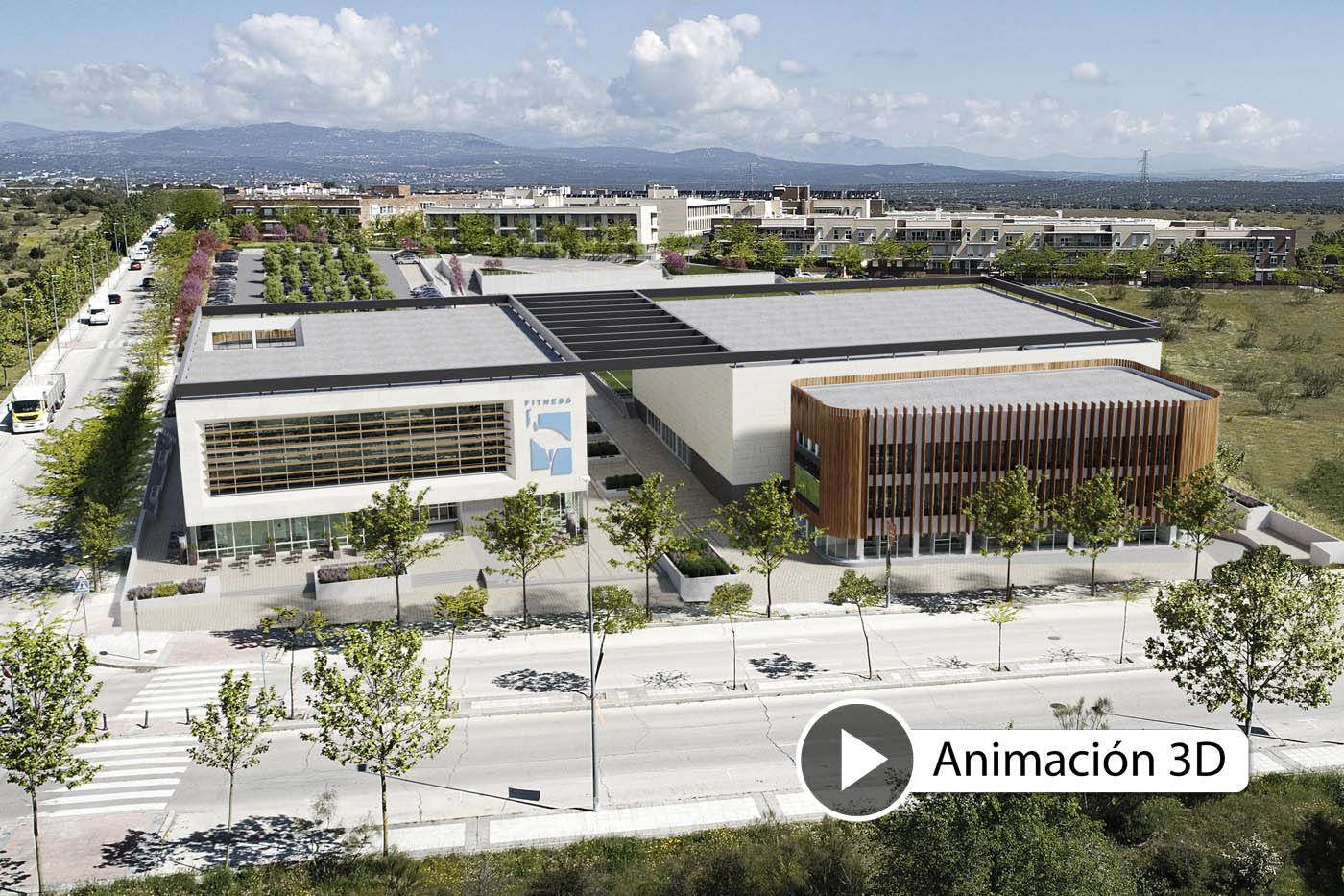 Animación 3D de un centro deportivo y cultural en Las Rozas