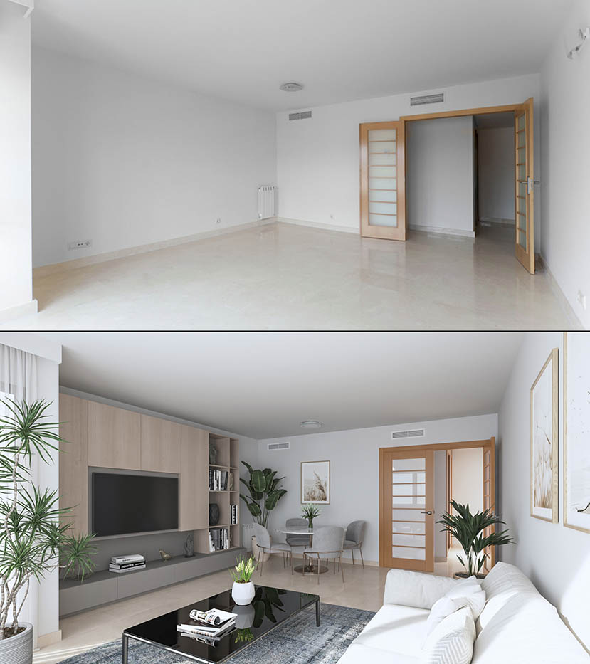 Antes y después de una vivienda amueblada con un render 3D