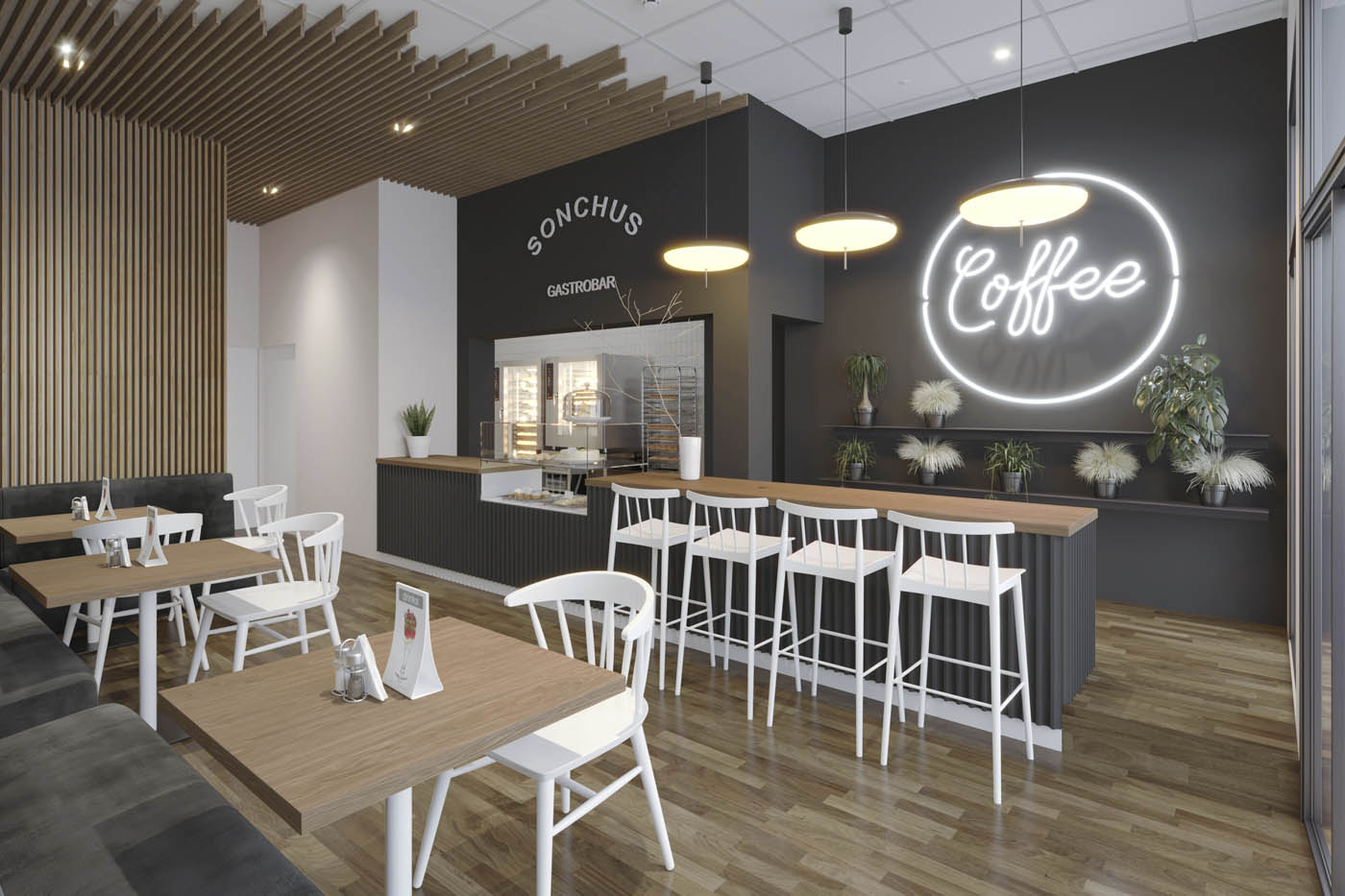 Renders 3D de un bar-cafetería en Isla de La Palma