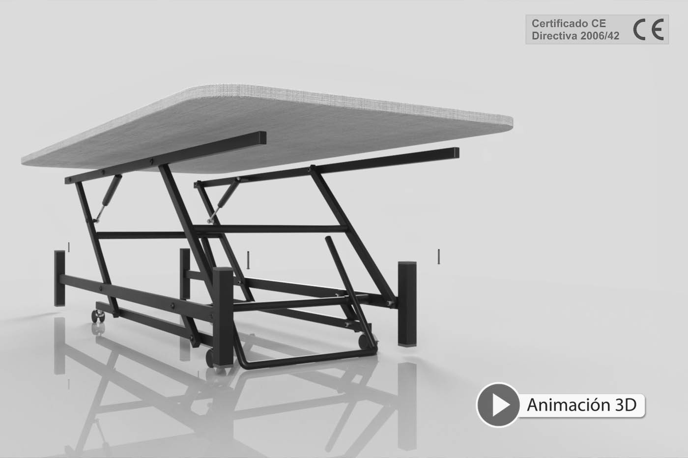 Animación 3D de una cama elevable con pedal con certificado CE
