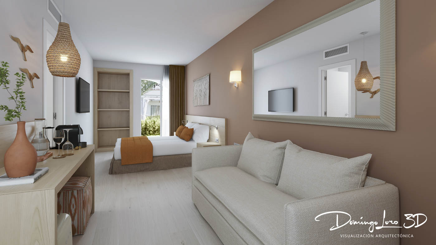 Render 3D de la habitación de un hotel