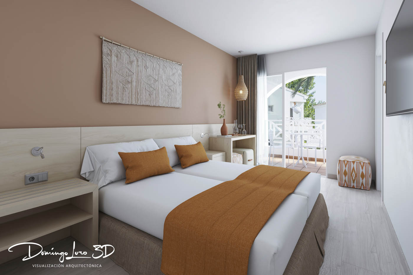 Render 3D de la habitación de un hotel