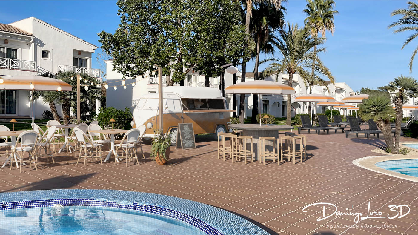 Render 3D del espacio de la piscina de un hotel