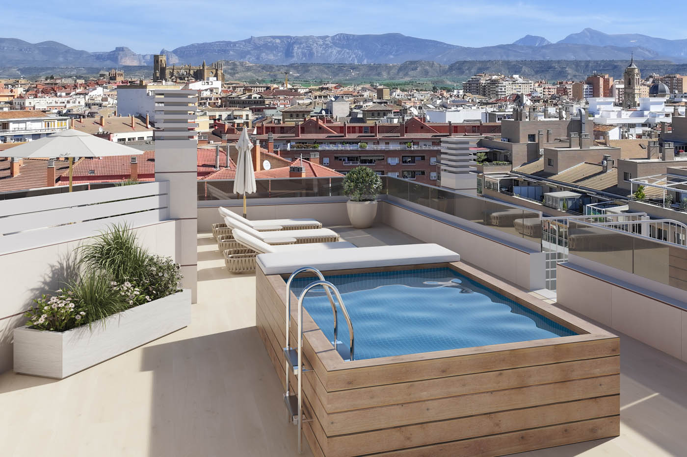 Renders 3D de terrazas en un edificio residencial en Huesca