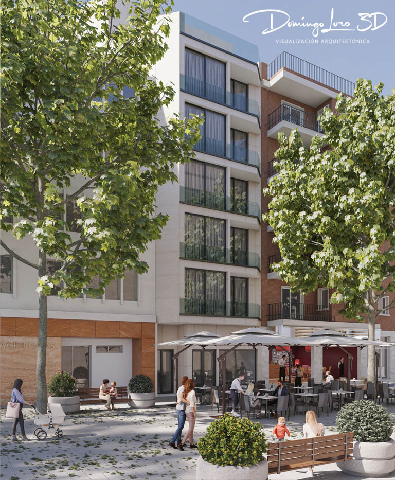 Render 3D del exterior del edificio