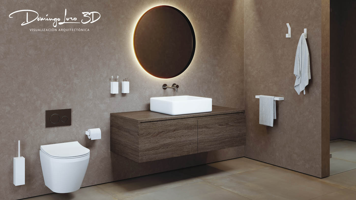 Render 3D de accesorios de baño