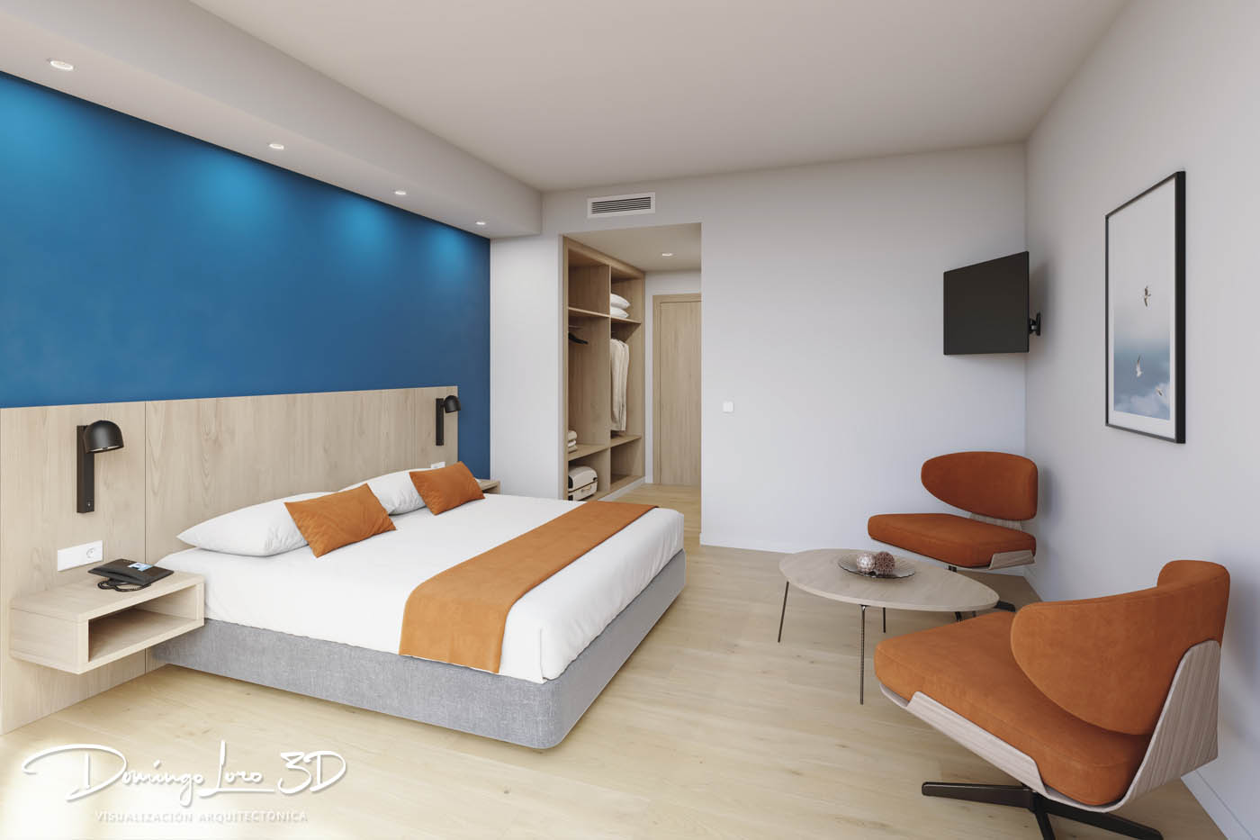 Render 3D de la habitación de un hotel