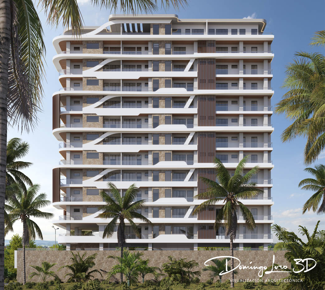 Infografía 3D de las fachadas de un edificio residencial