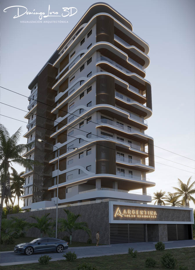 Infografía 3D de las fachadas de un edificio residencial