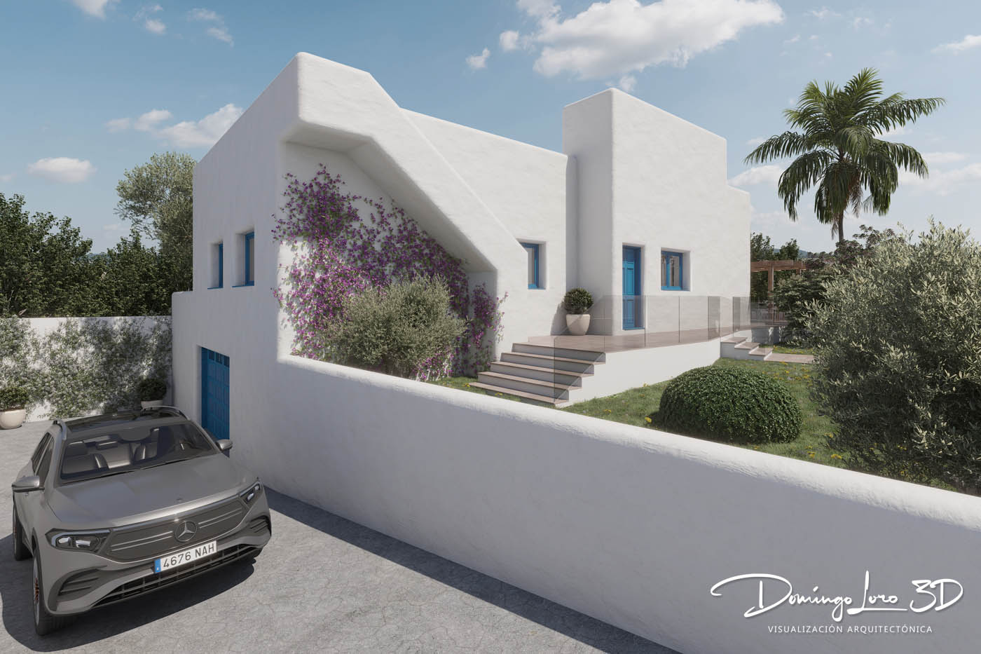Render 3D de una vivienda de estilo ibicenco