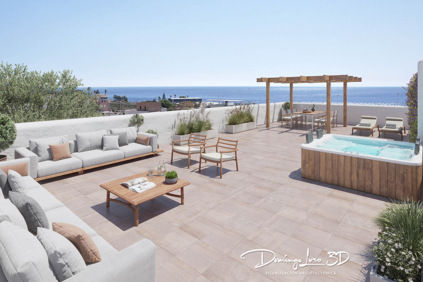 Render 3D de una vivienda de estilo ibicenco