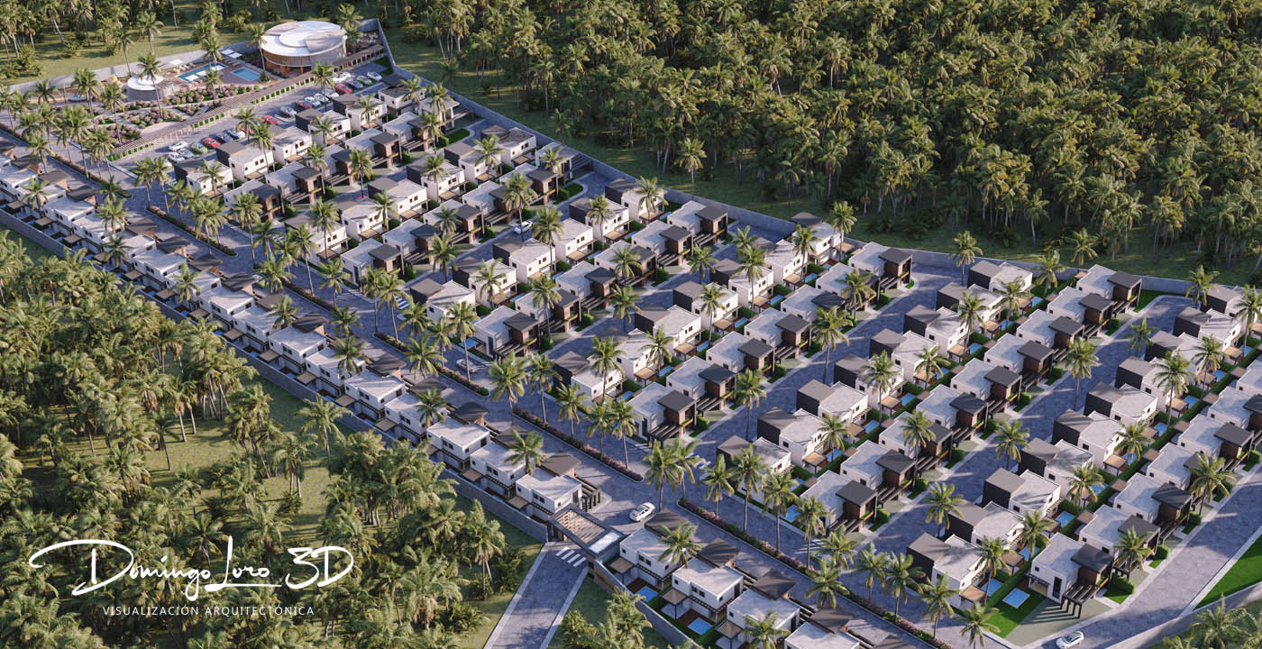 Render 3D de un complejo urbanístico