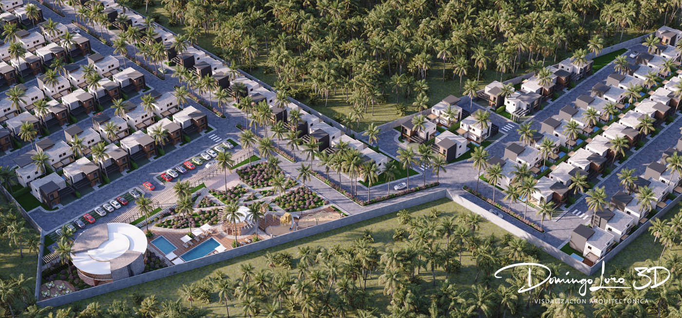Render 3D de un complejo urbanístico