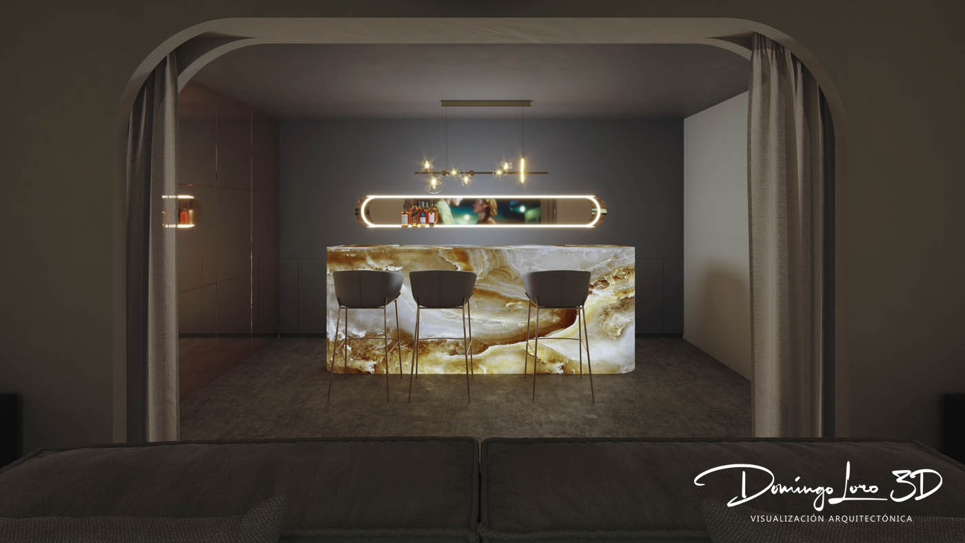 Infografía 3D de un cine bar