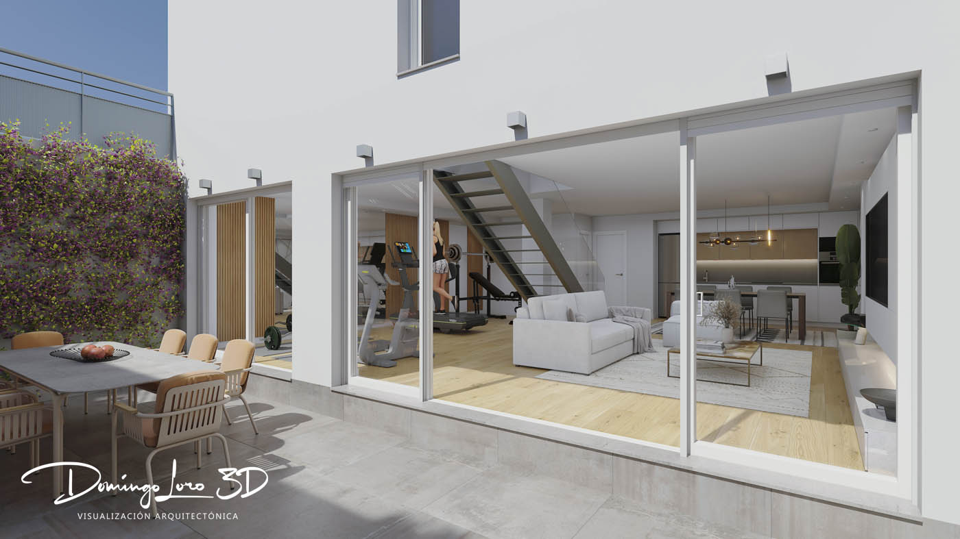 Render 3D de un sótano y patio inglés