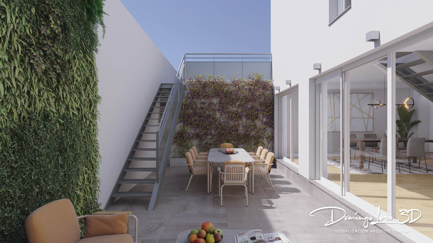 Render 3D de un sótano y patio inglés