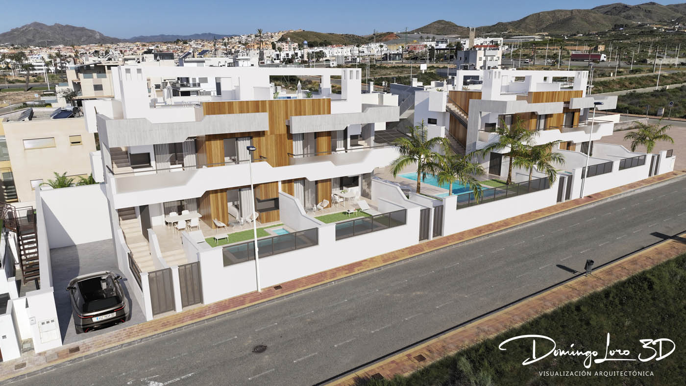 Infografía 3D - Vista exterior de una promoción inmobiliaria