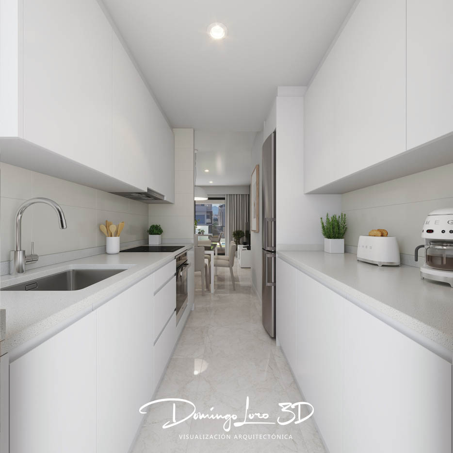 Infografía 3D - Vista interior de la cocina de una promoción inmobiliaria