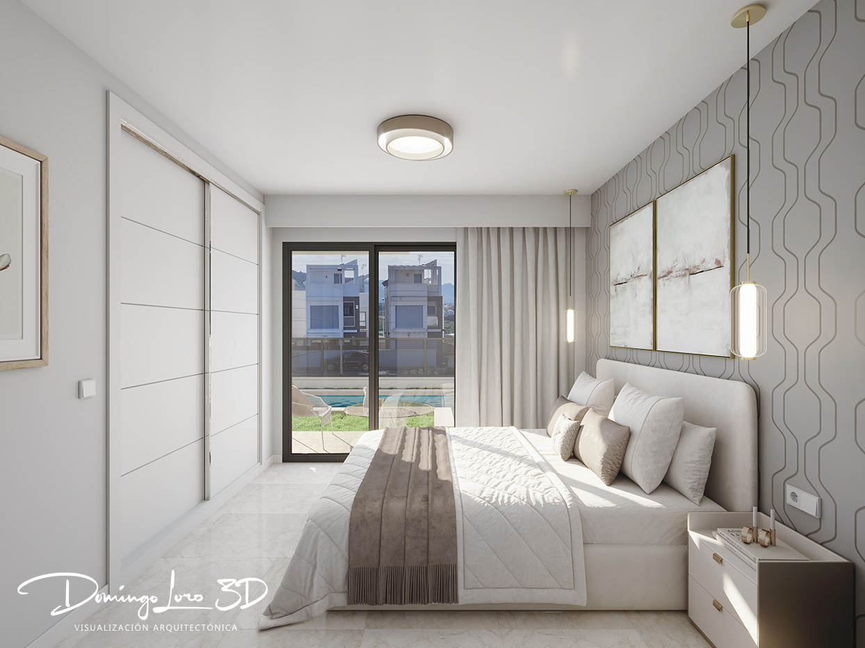 Infografía 3D - Vista interior del dormitorio de una promoción inmobiliaria