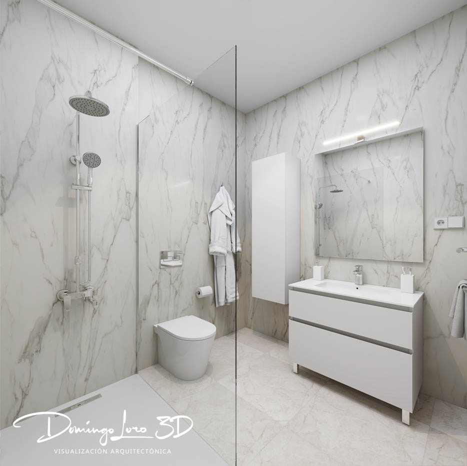 Infografía 3D - Vista interior del cuarto de baño de una promoción inmobiliaria