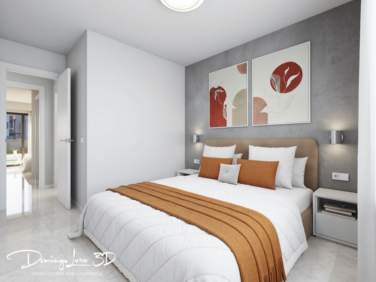 Infografía 3D - Vista interior del dormitorio de una promoción inmobiliaria