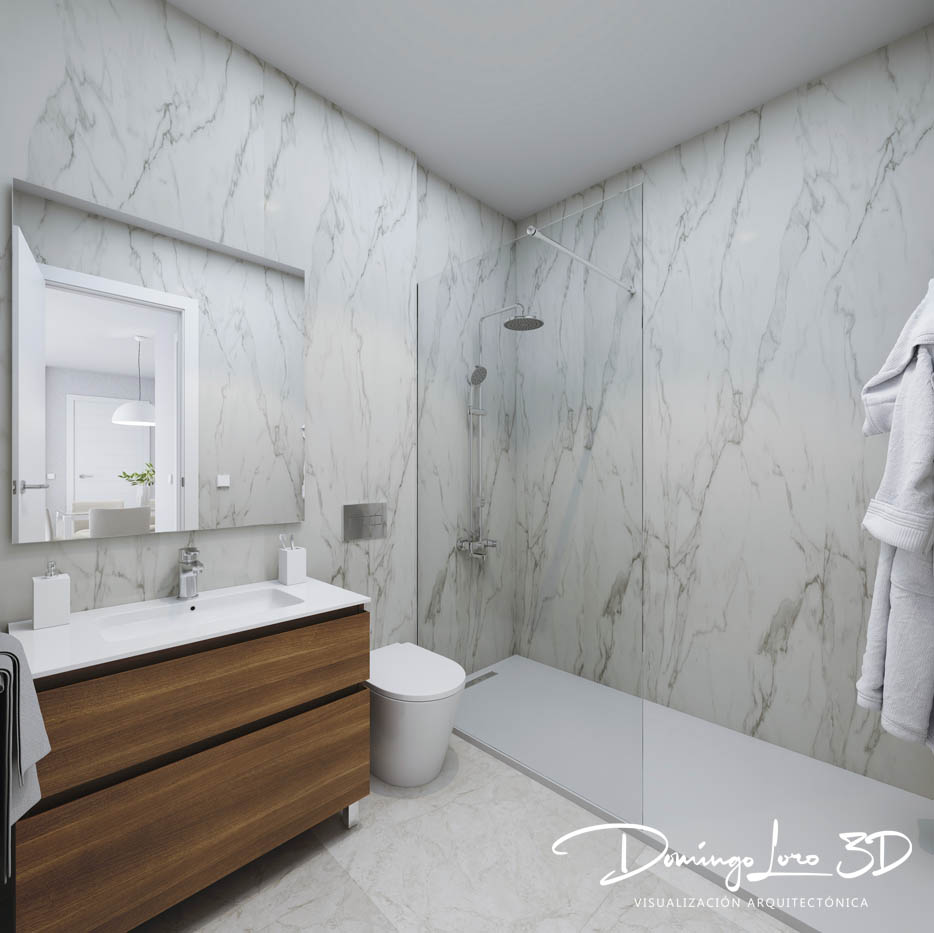 Infografía 3D - Vista interior del cuarto de baño de una promoción inmobiliaria