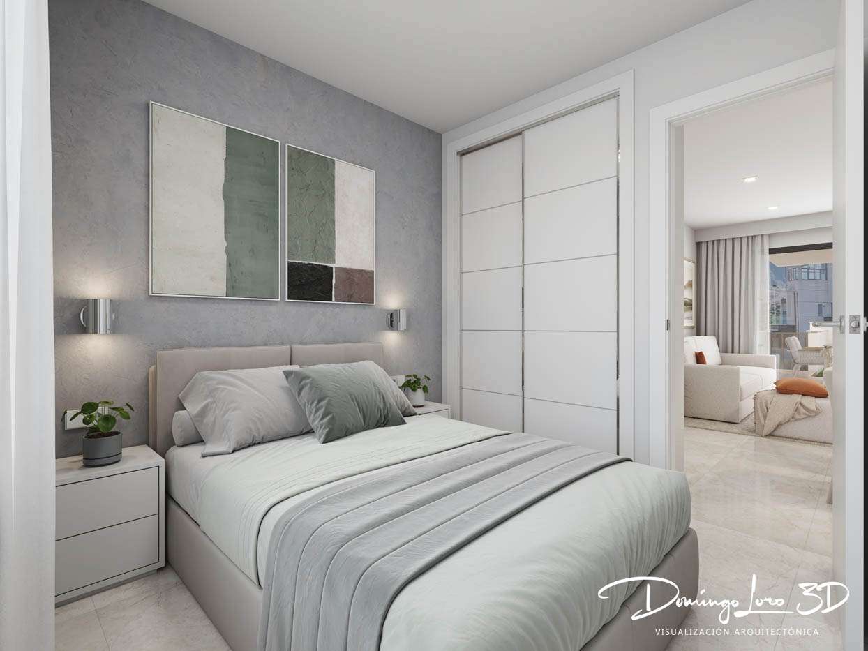 Infografía 3D - Vista interior del dormitorio de una promoción inmobiliaria