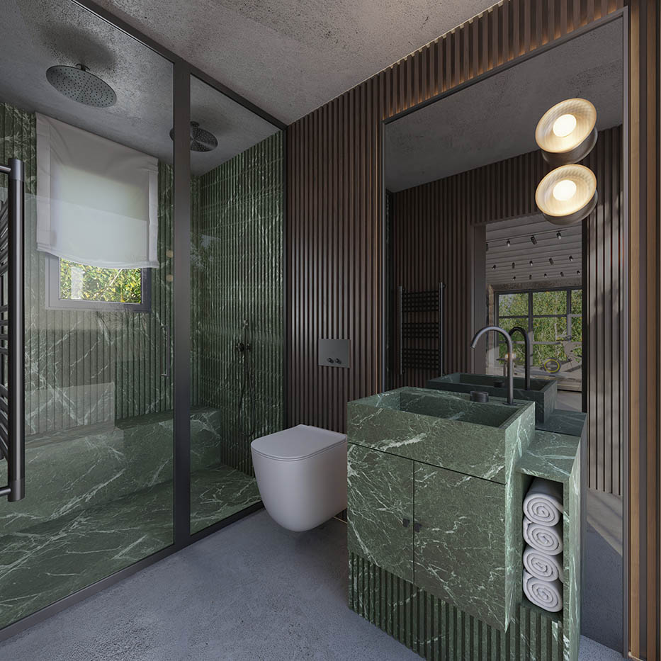 Render 3D para visualizar la propuesta decorativa de un cuarto de baño