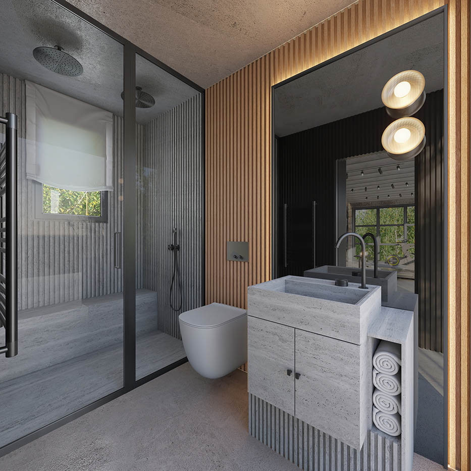 Render 3D para visualizar la propuesta decorativa de un cuarto de baño