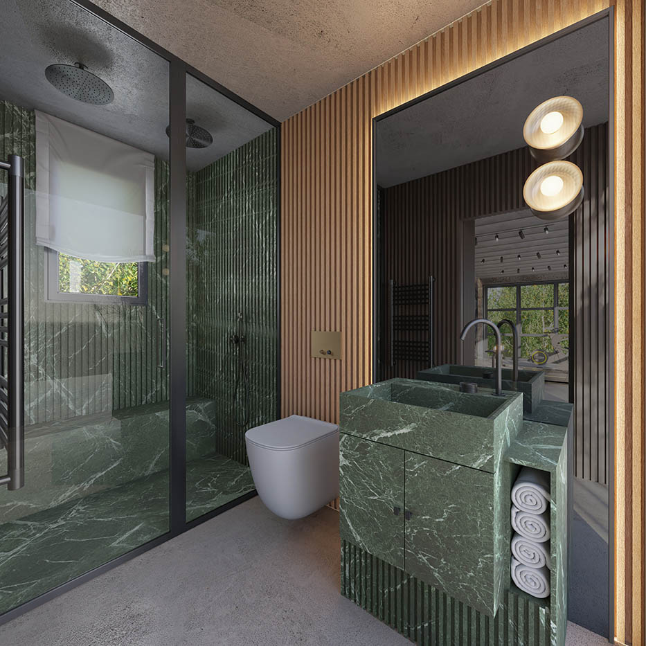 Render 3D para visualizar la propuesta decorativa de un cuarto de baño