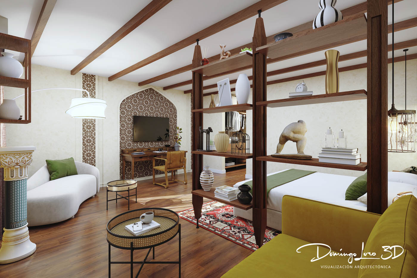 Render 3D de la habitación de un hotel