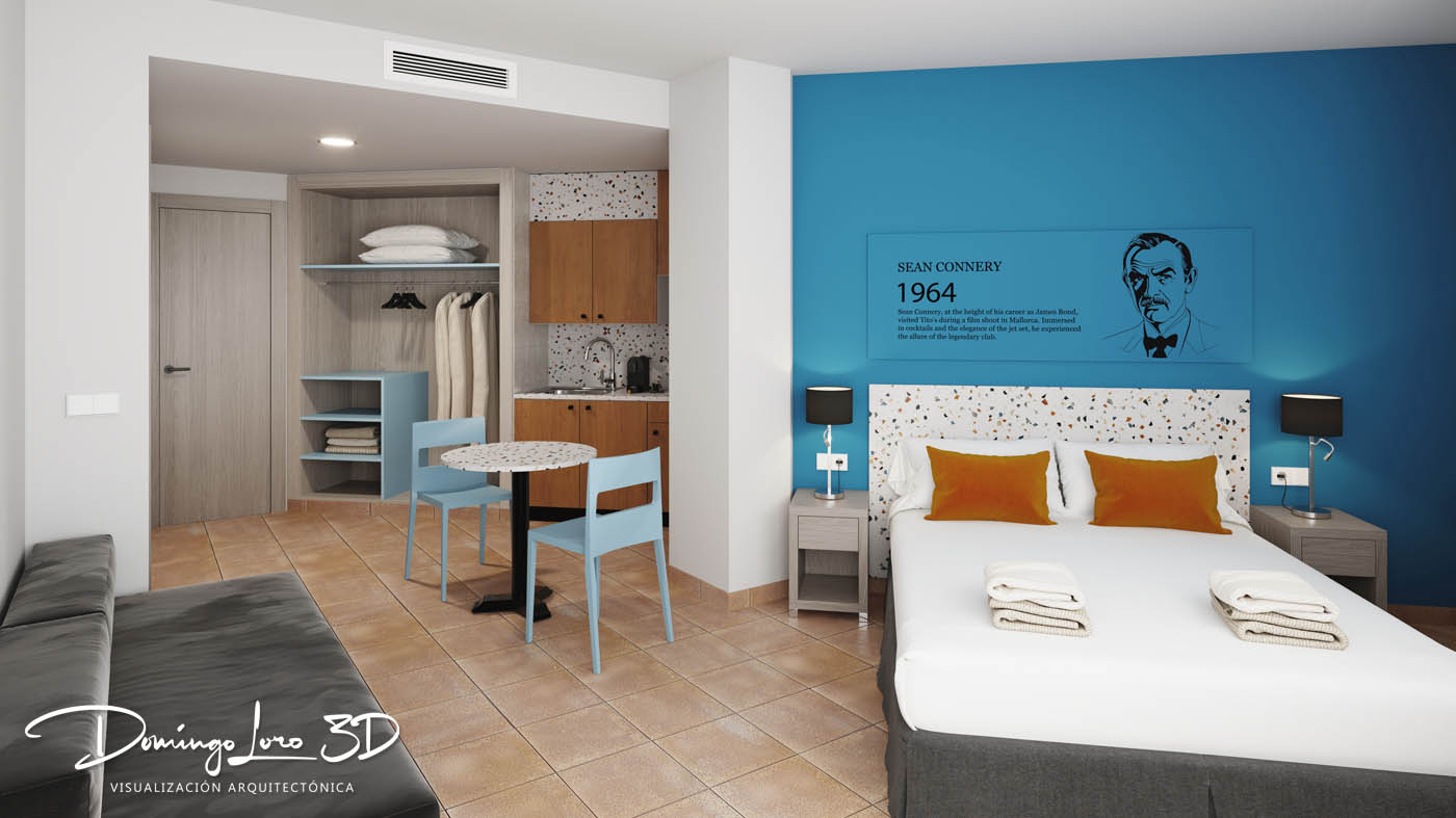 Render 3D de la habitación de un hotel