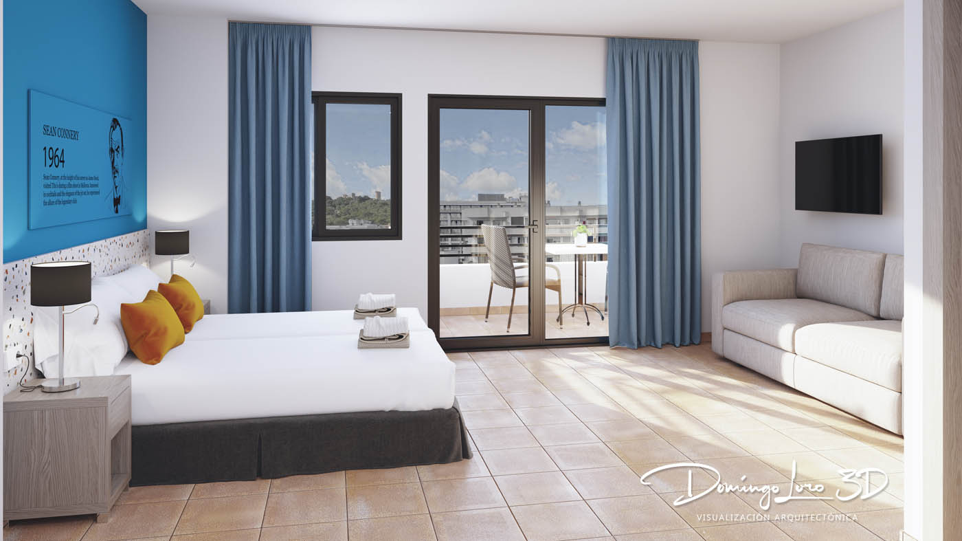 Render 3D de la habitación de un hotel