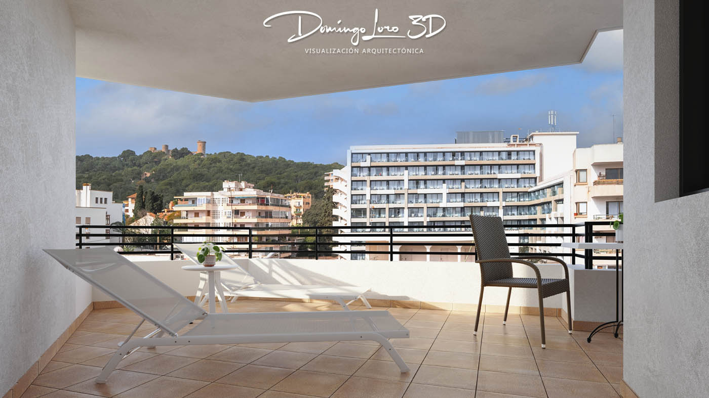 Render 3D de la habitación de un hotel