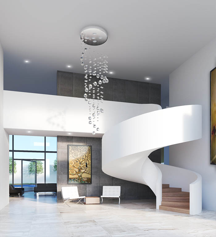 Render 3D del lobby de un edificio residencial