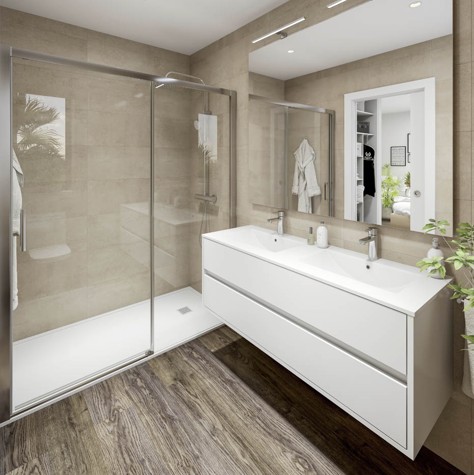 Render 3D del cuarto de baño de una villa