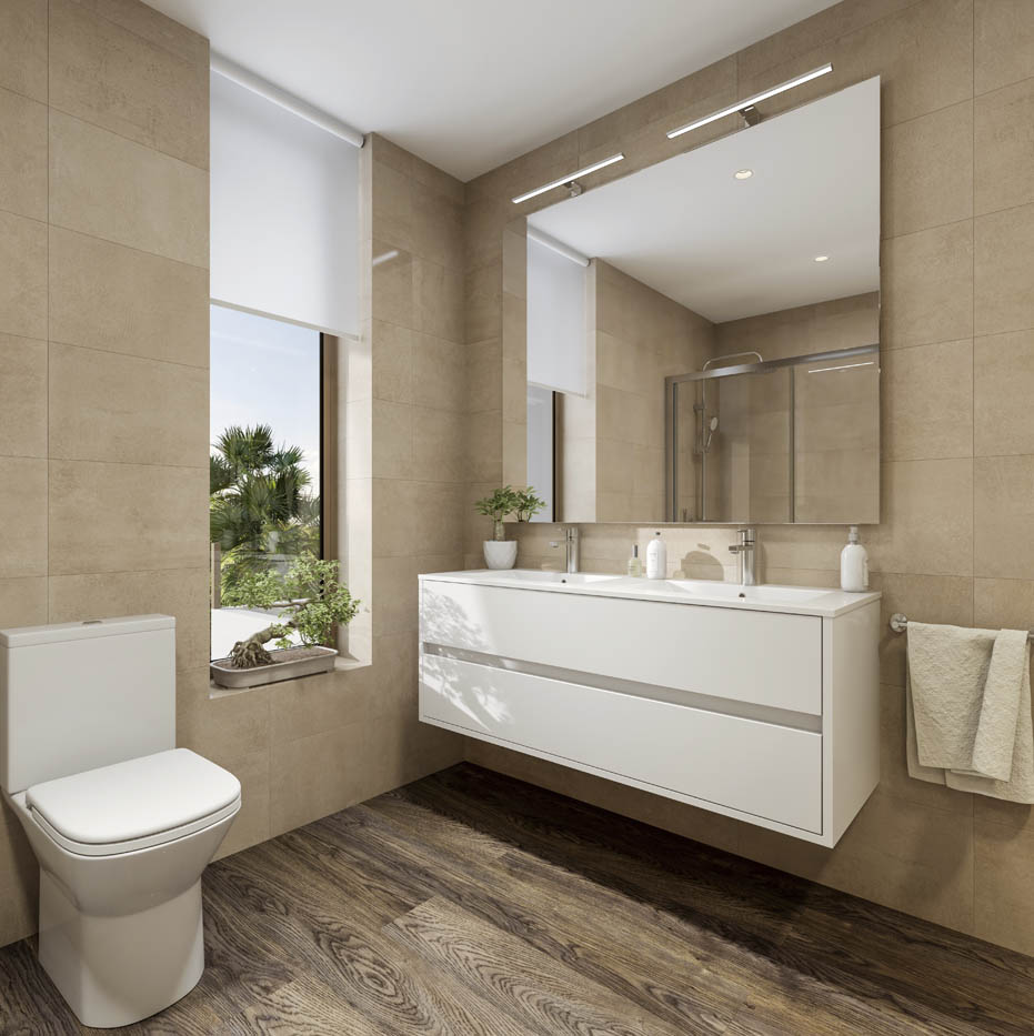 Render 3D del cuarto de baño de una vivienda