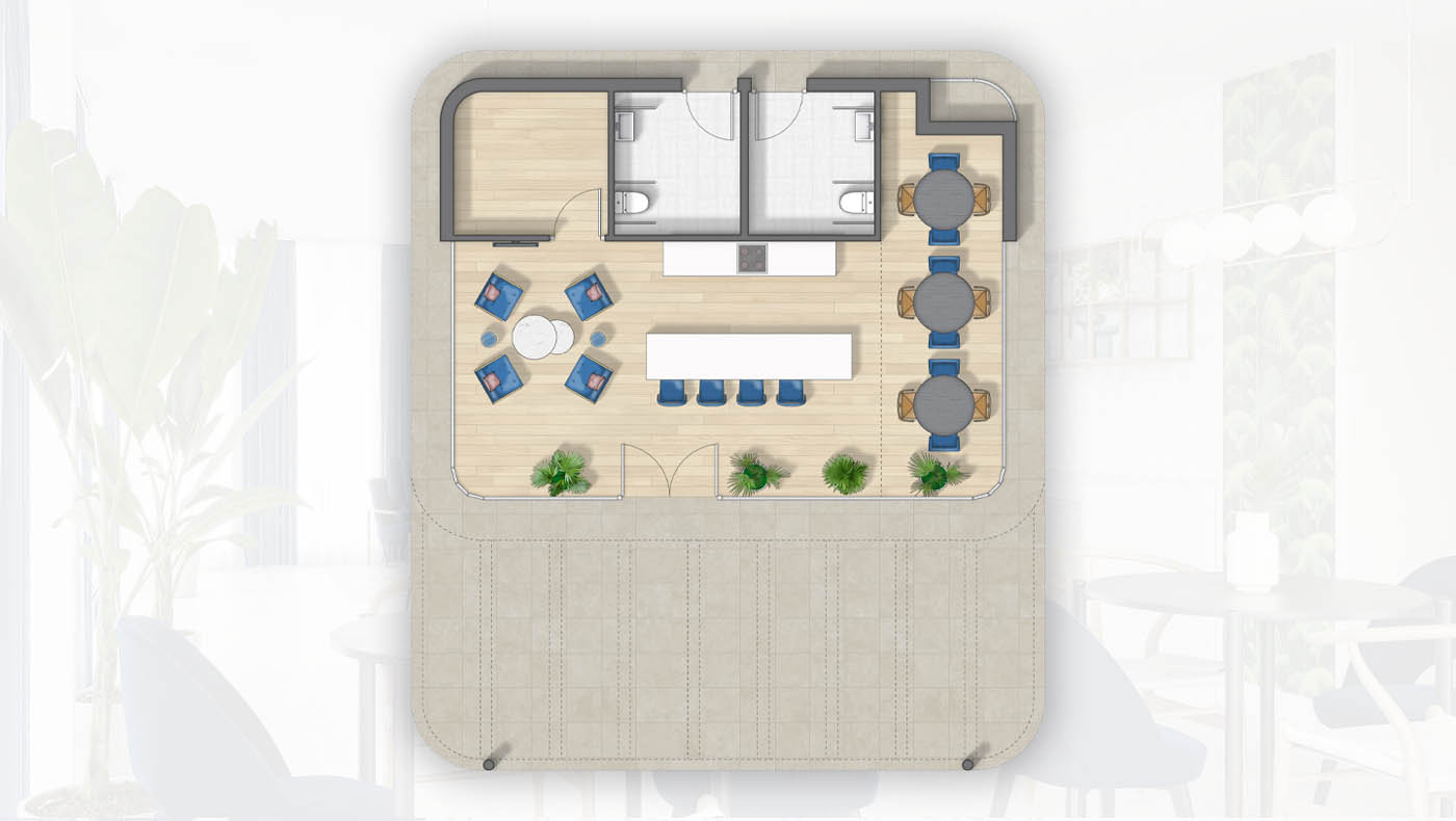 Render 3D de las zonas comunes de un edificio residencial