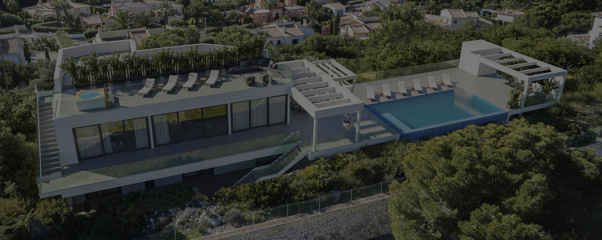 Render 3D de una vivienda unifamiliar de lujo a vista de dron